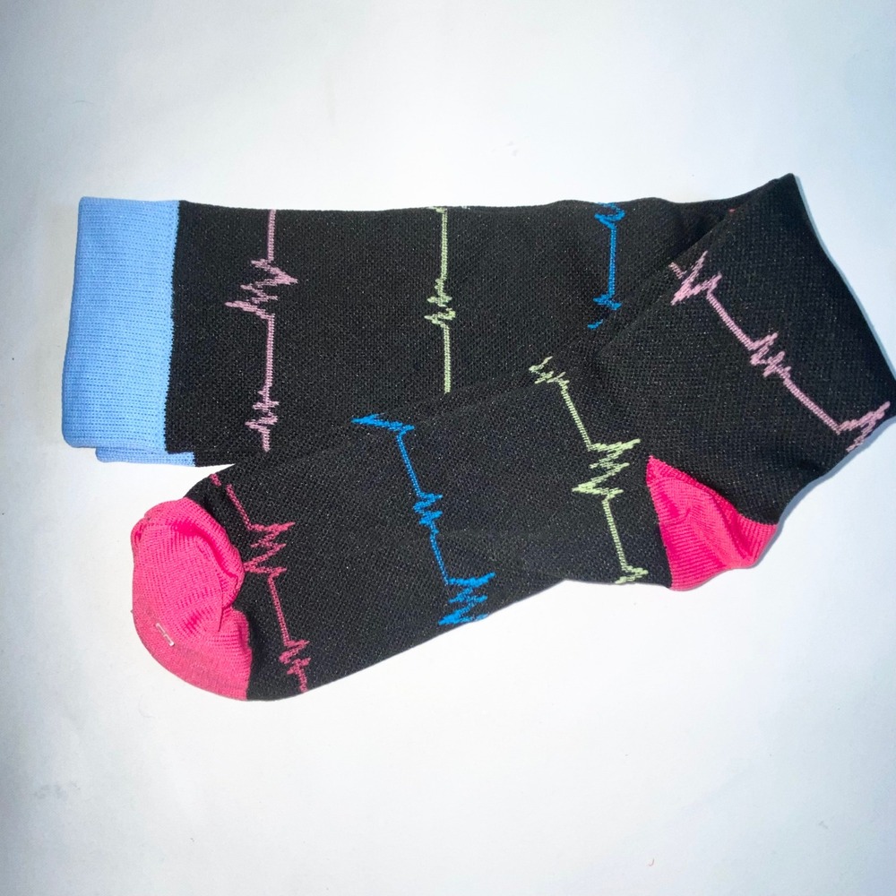 EKG Heartbeat Knee High Compression Socks Black Medical Nurse Pulse Pattern - Picture 5 of 7